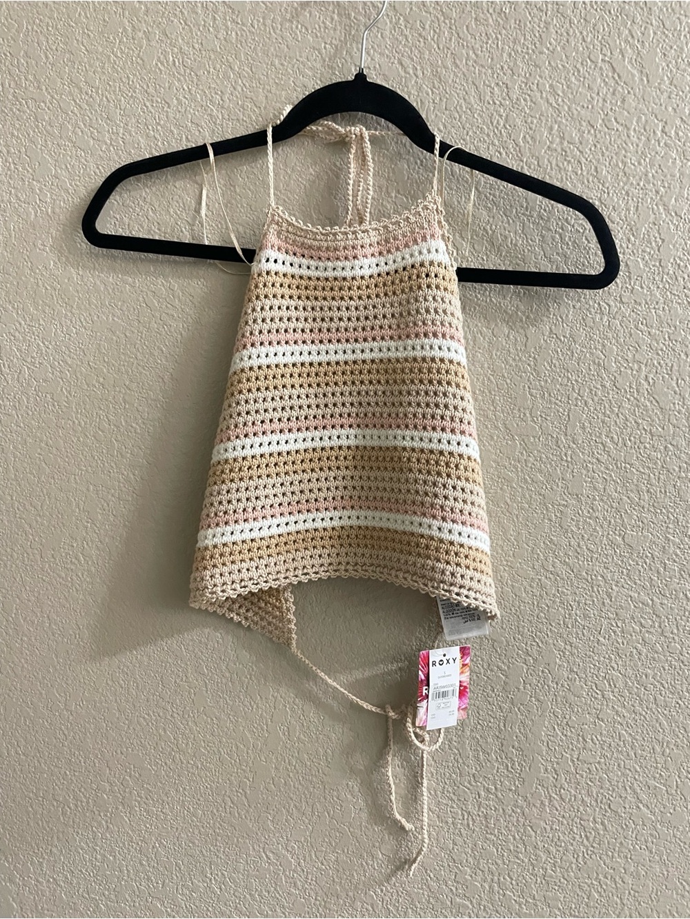 Roxy Daydreamer Crochet Halter Crop Top Tapioca Stripe 100% Cotton NWT S